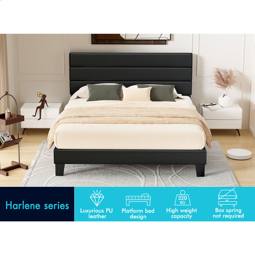 ALFORDSON Bed Frame Double Size Upholstered Platform Black Leather HARLENE