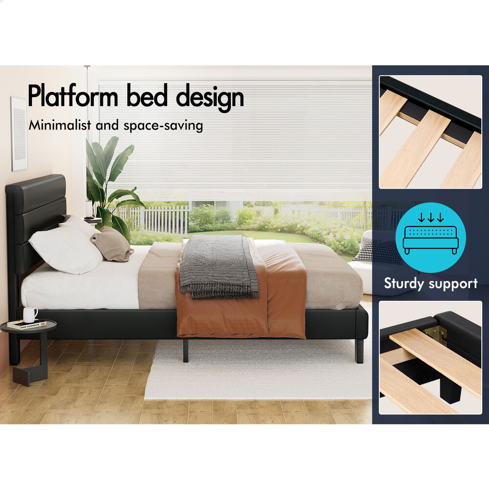 ALFORDSON Bed Frame Double Size Upholstered Platform Black Leather HARLENE