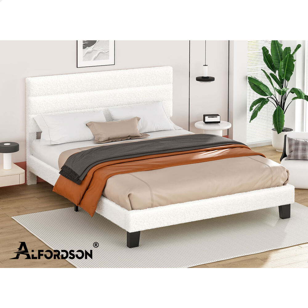 ALFORDSON Bed Frame Double Size Upholstered Platform White Boucle HARLENE