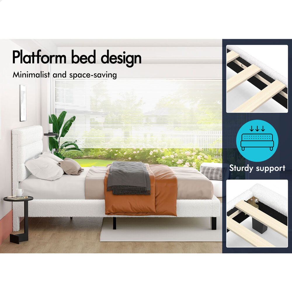 ALFORDSON Bed Frame Double Size Upholstered Platform White Boucle HARLENE