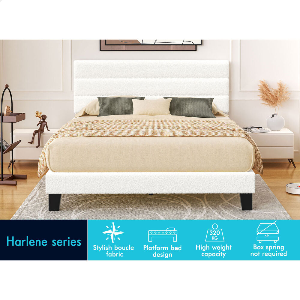 ALFORDSON Bed Frame Double Size Upholstered Platform White Boucle HARLENE