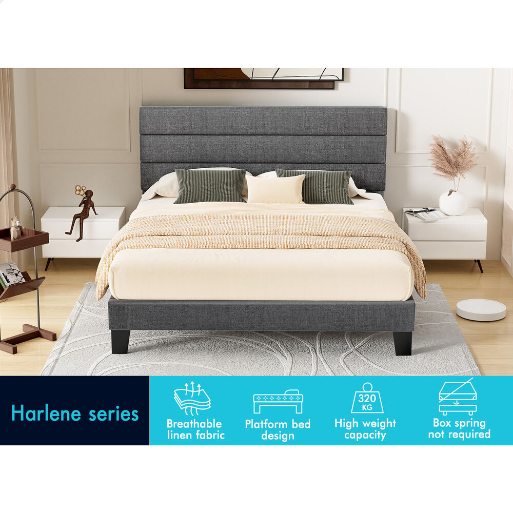 ALFORDSON Bed Frame Double Size Upholstered Platform Grey Fabric HARLENE