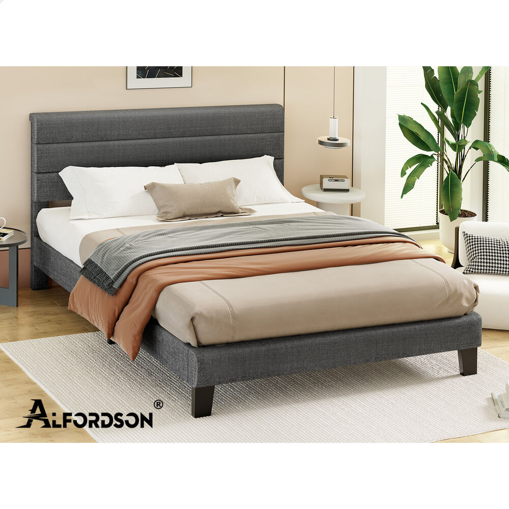 ALFORDSON Bed Frame Double Size Upholstered Platform Grey Fabric HARLENE