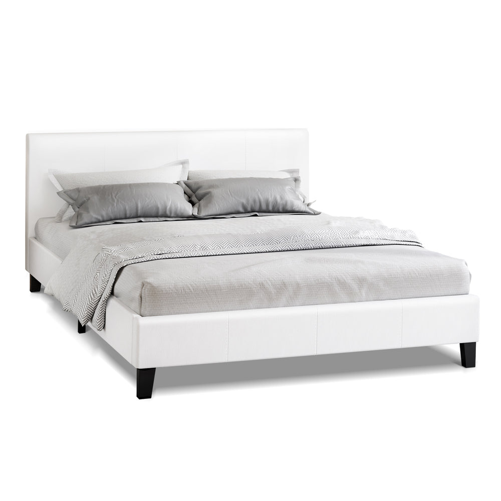 ALFORDSON Bed Frame Queen Size Mattress Base Wooden Platform Leather White