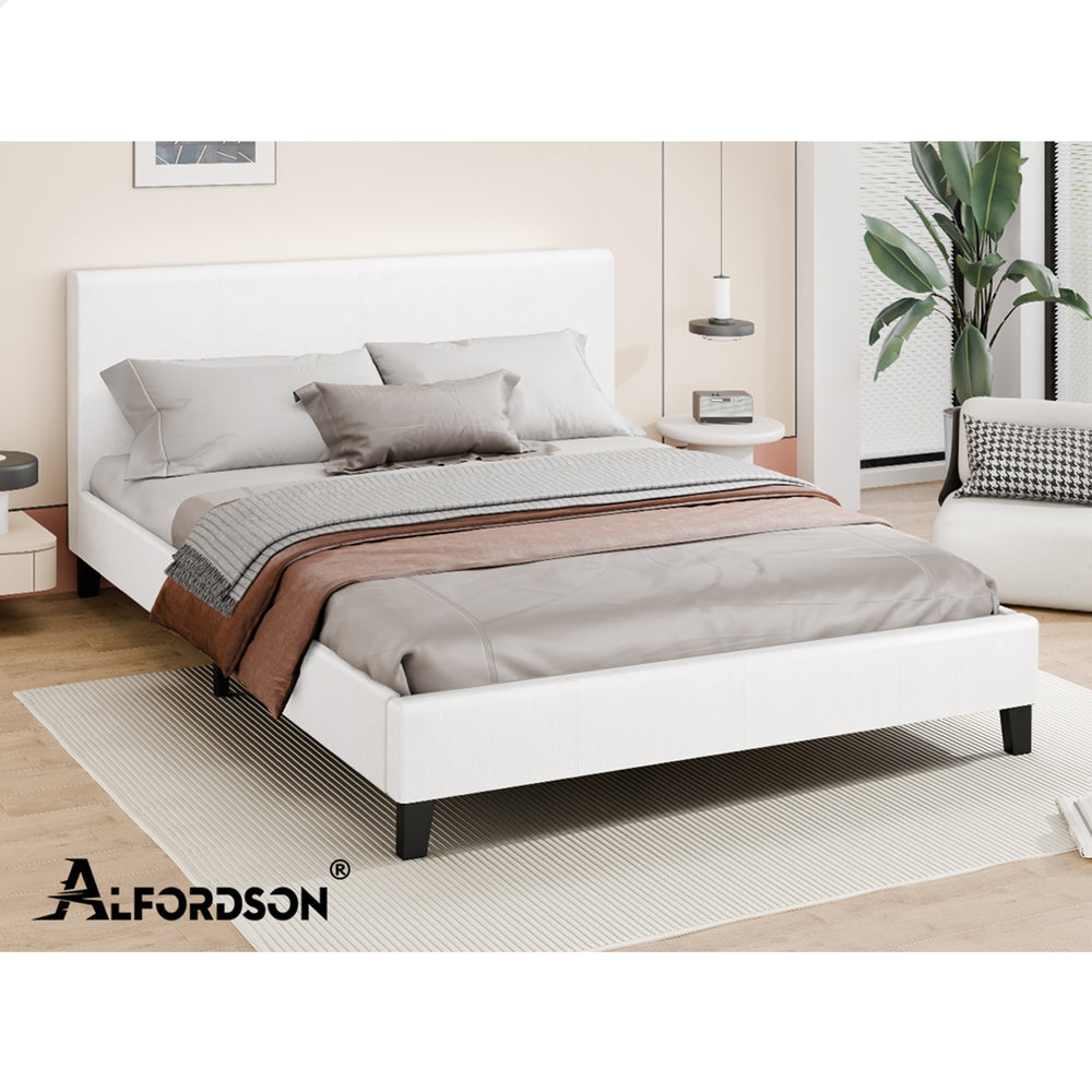 ALFORDSON Bed Frame Queen Size Mattress Base Wooden Platform Leather White