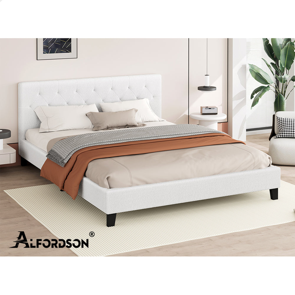 ALFORDSON Bed Frame Double Size Wooden Base Platform White Boucle MADELYN