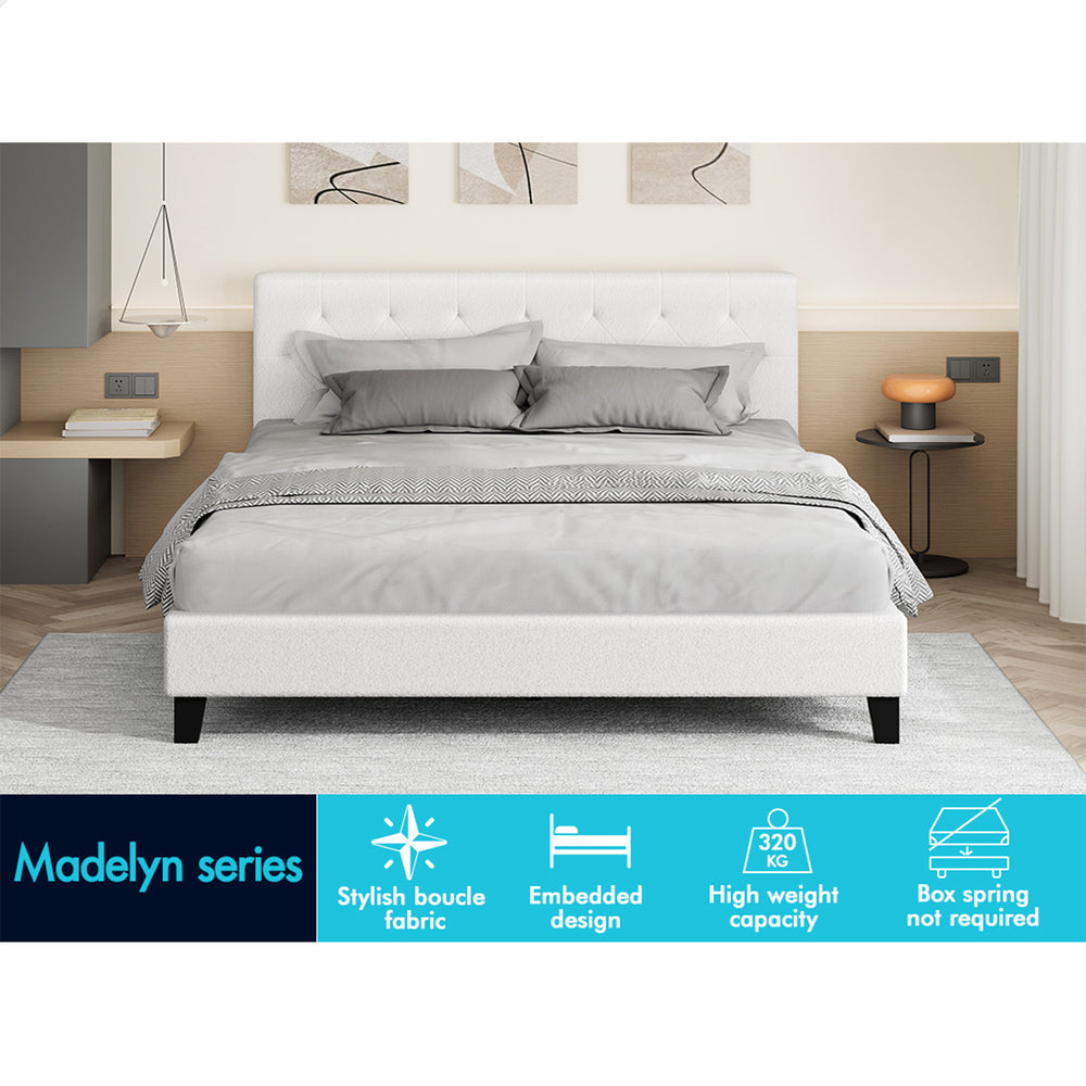 ALFORDSON Bed Frame Double Size Wooden Base Platform White Boucle MADELYN