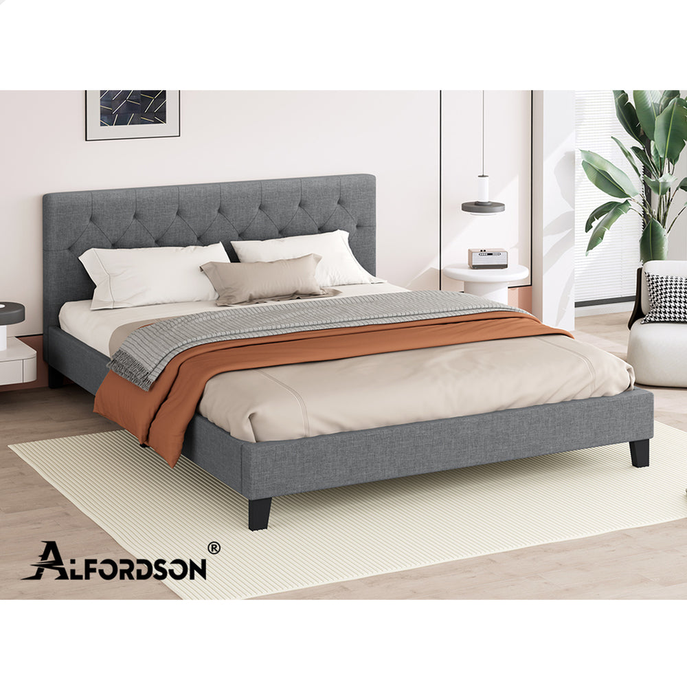 ALFORDSON Bed Frame Double Size Wooden Base Platform Grey Fabric MADELYN