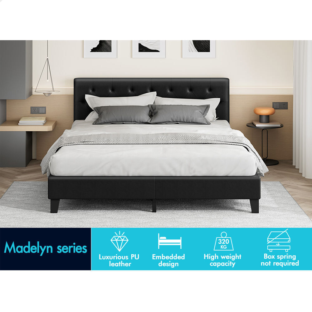 ALFORDSON Bed Frame King Size Wooden Base Platform Leather Black MADELYN