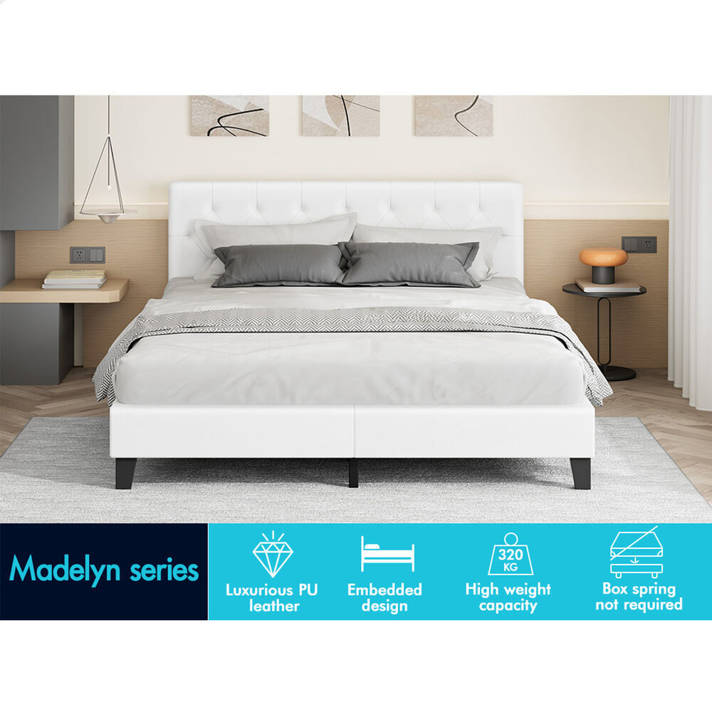 ALFORDSON Bed Frame King Size Wooden Base Platform Leather White MADELYN