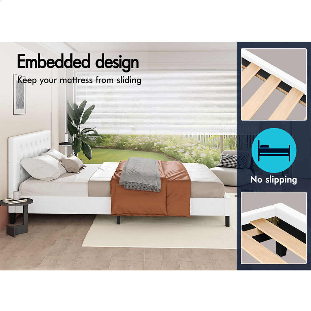 ALFORDSON Bed Frame King Size Wooden Base Platform Leather White MADELYN