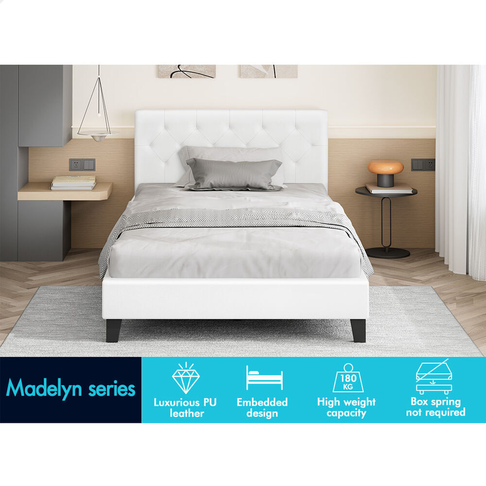 ALFORDSON Bed Frame King Single Wooden Base Platform Leather White MADELYN