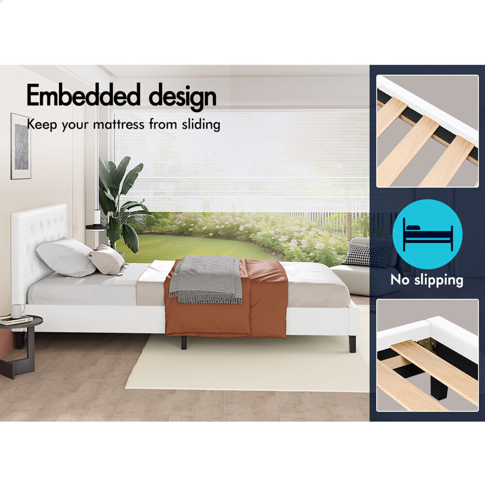 ALFORDSON Bed Frame King Single Wooden Base Platform Leather White MADELYN