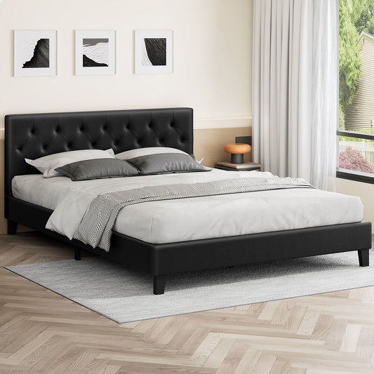 ALFORDSON Bed Frame Queen Size Wooden Base Platform Leather Black MADELYN