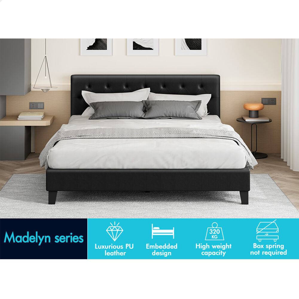 ALFORDSON Bed Frame Queen Size Wooden Base Platform Leather Black MADELYN