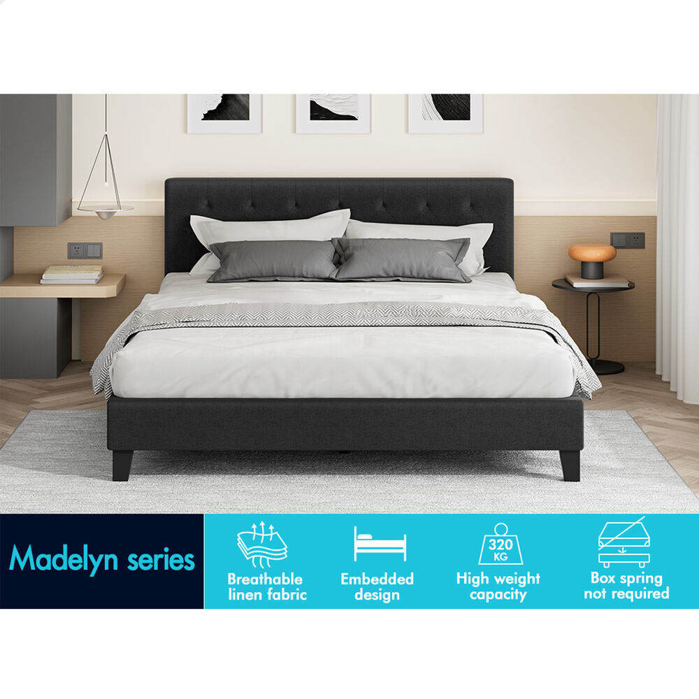 ALFORDSON Bed Frame Queen Size Wooden Base Platform Fabric Charcoal MADELYN
