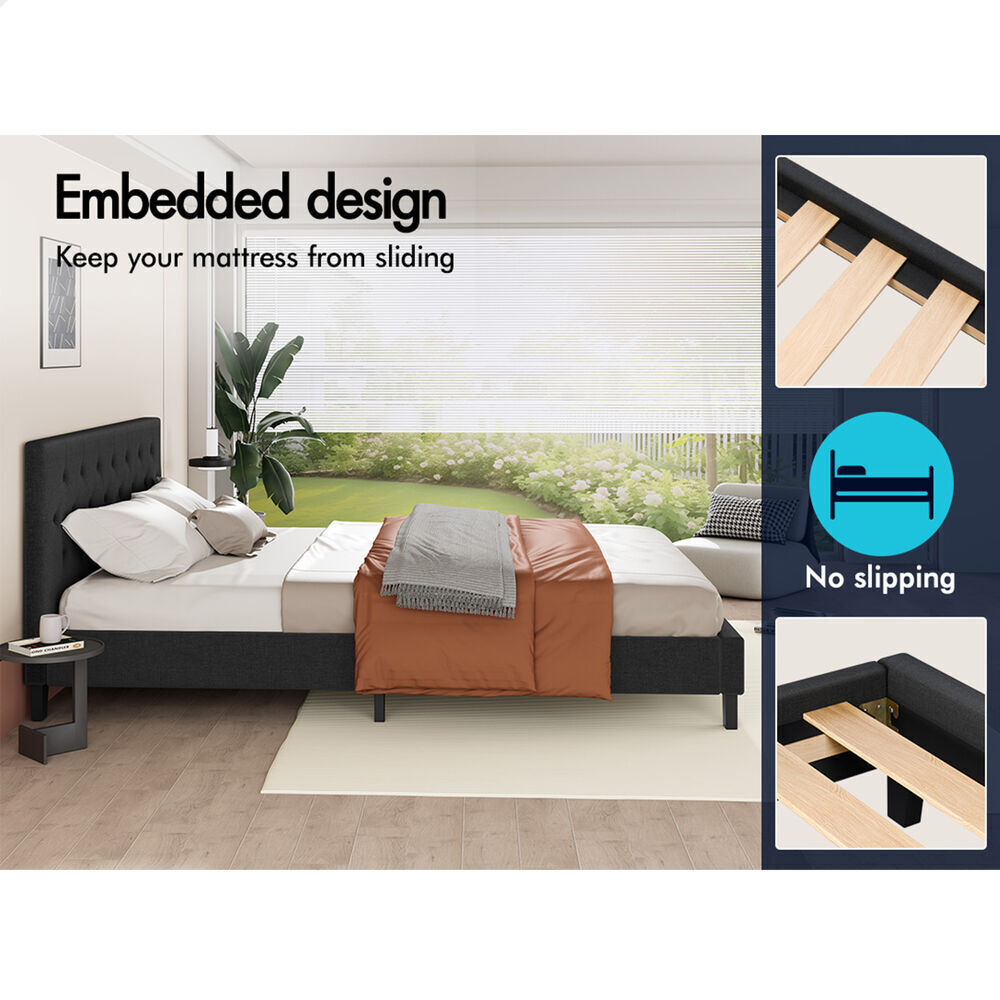 ALFORDSON Bed Frame Queen Size Wooden Base Platform Fabric Charcoal MADELYN
