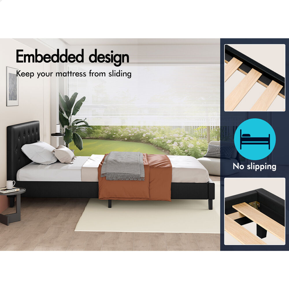 ALFORDSON Bed Frame Single Size Wooden Base Platform Leather Black MADELYN