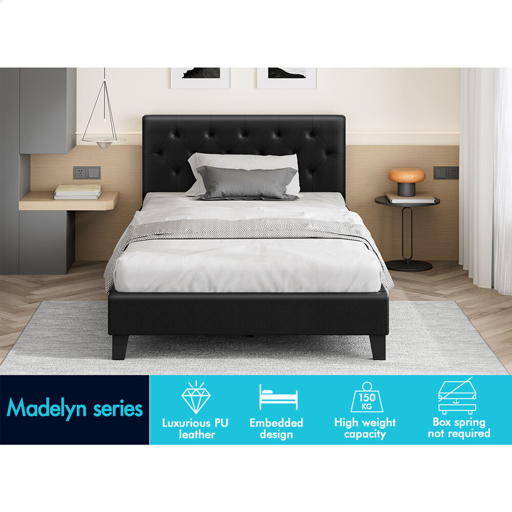 ALFORDSON Bed Frame Single Size Wooden Base Platform Leather Black MADELYN