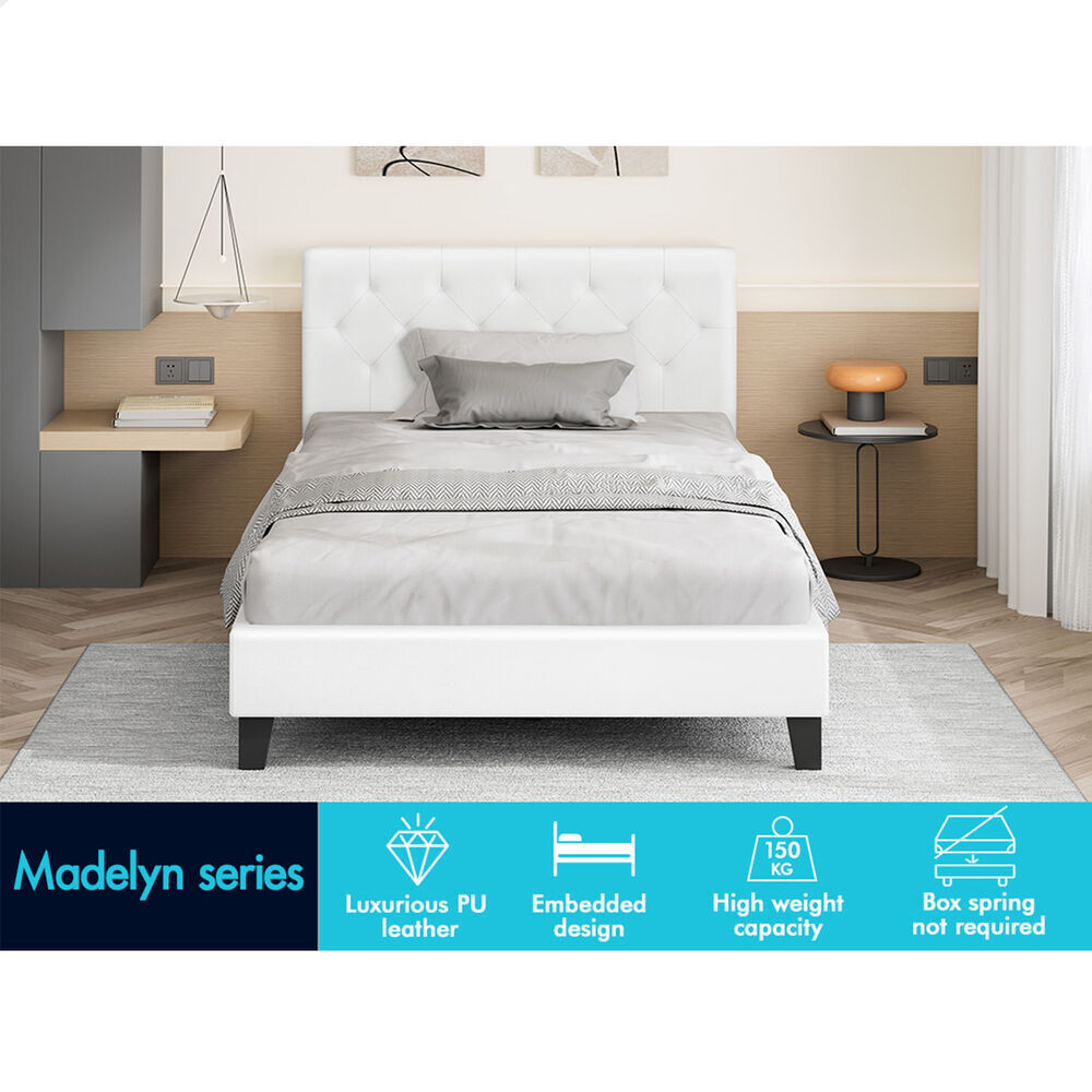 ALFORDSON Bed Frame Single Size Wooden Base Platform Leather White MADELYN