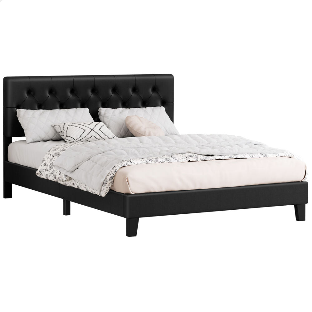 ALFORDSON Bed Frame Double Size Tufted Headboard Modern Leather Black Meduna