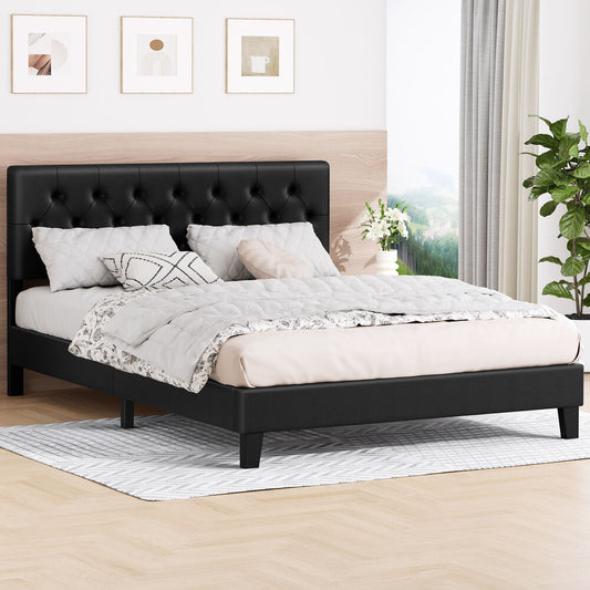 ALFORDSON Bed Frame Queen Size Tufted Headboard Modern Leather Black Meduna