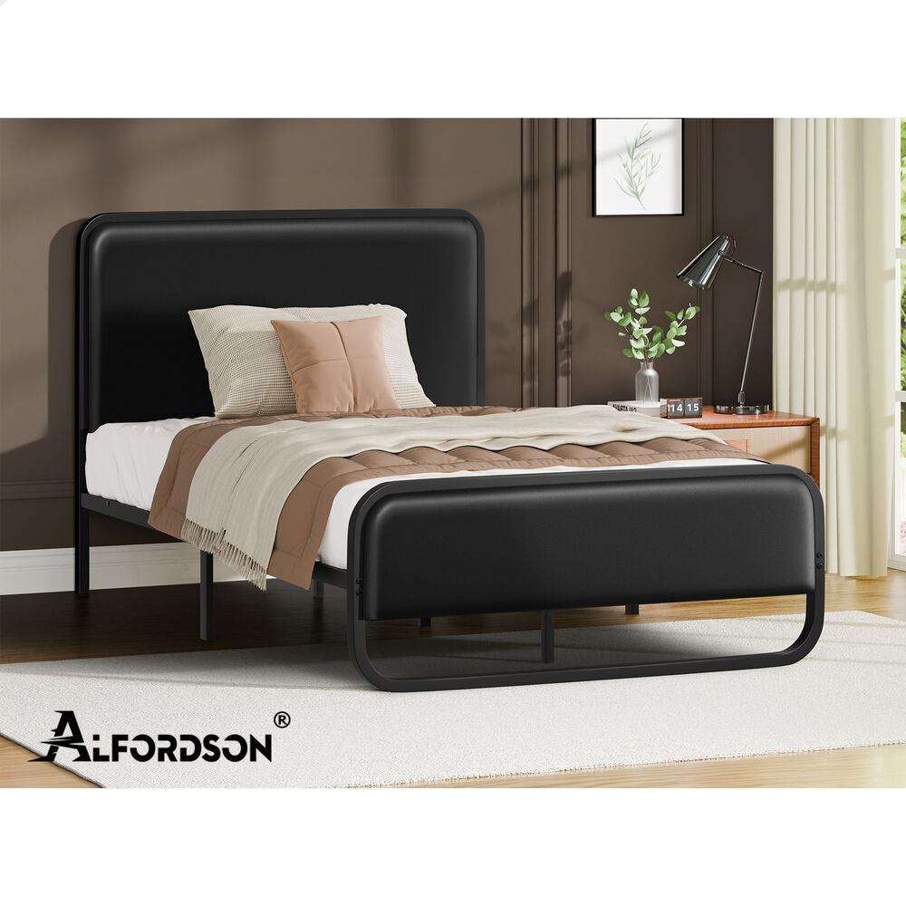 ALFORDSON Metal Bed Frame King Single Upholstered Headboard Black Leather MADGE