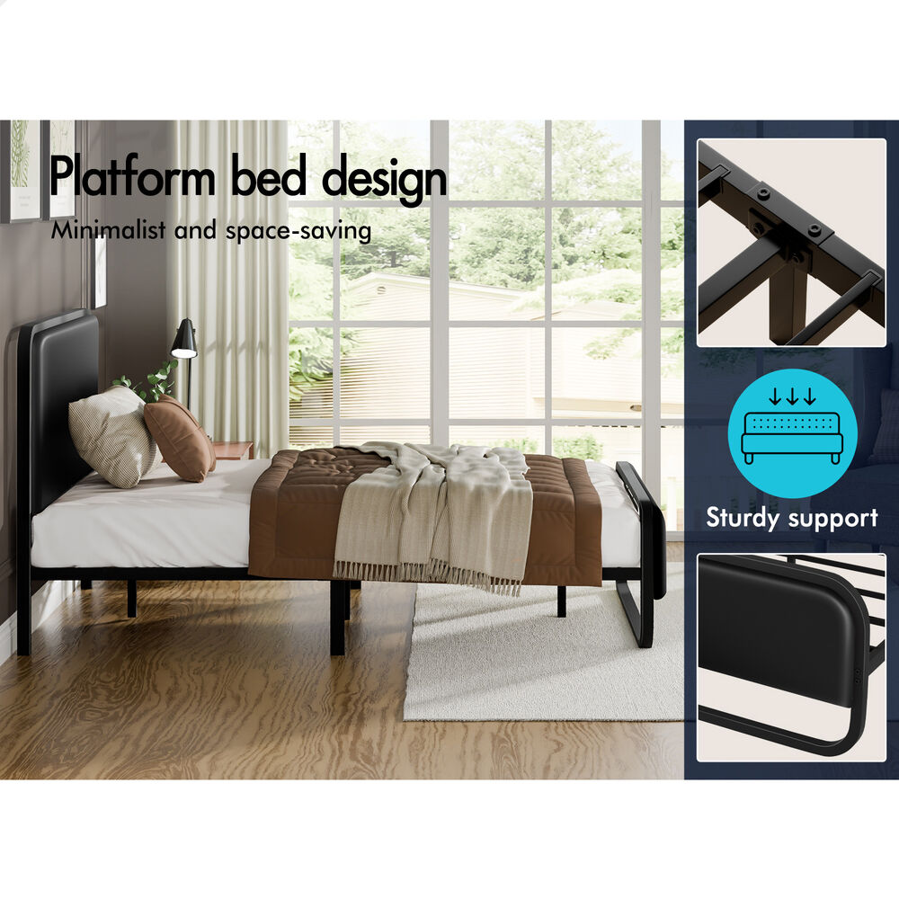 ALFORDSON Metal Bed Frame King Single Upholstered Headboard Black Leather MADGE