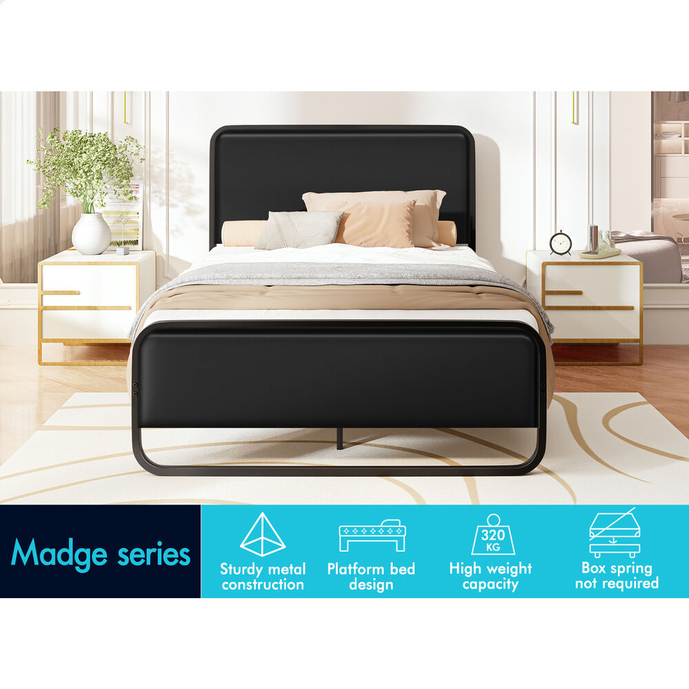 ALFORDSON Metal Bed Frame King Single Upholstered Headboard Black Leather MADGE