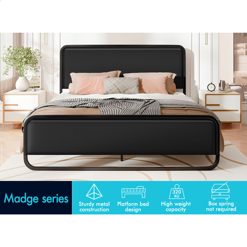 ALFORDSON Metal Bed Frame Queen Size Upholstered Headboard Black Leather MADGE
