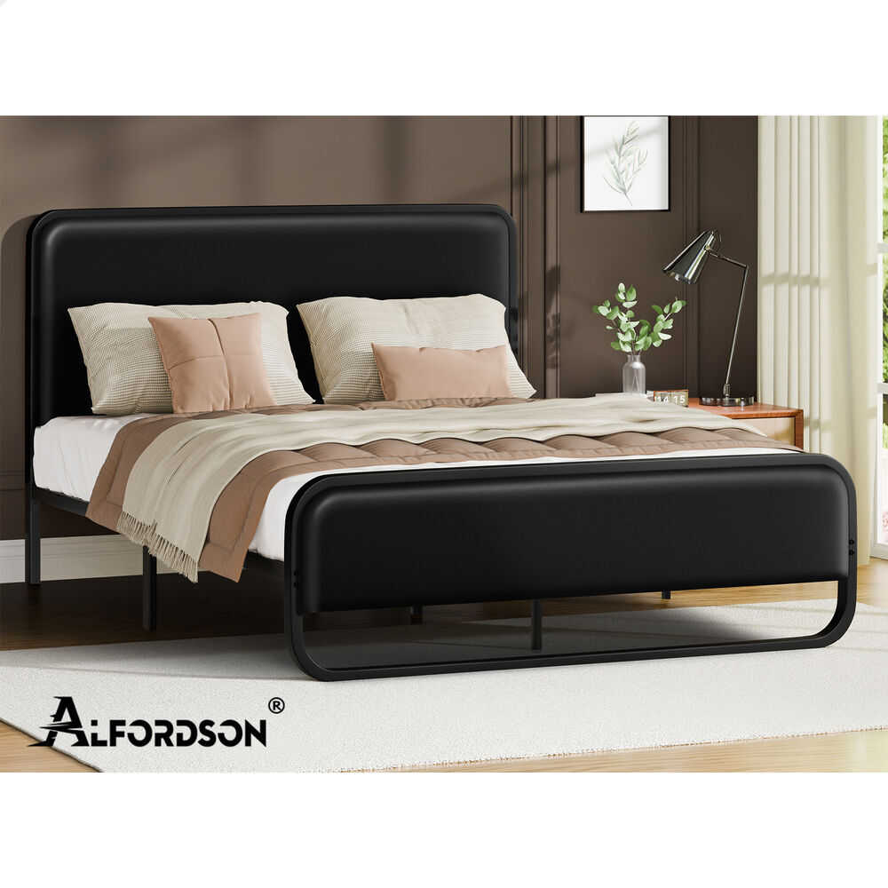 ALFORDSON Metal Bed Frame Queen Size Upholstered Headboard Black Leather MADGE