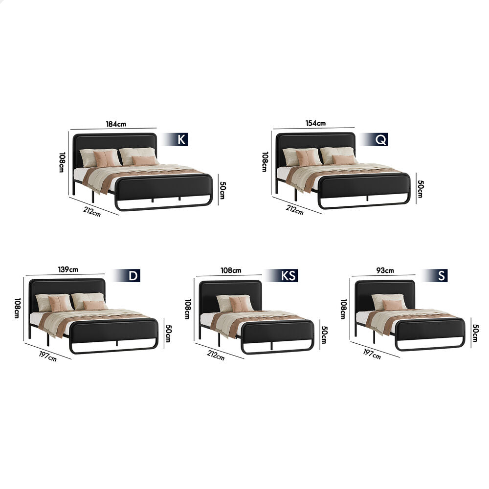ALFORDSON Metal Bed Frame Queen Size Upholstered Headboard Black Leather MADGE