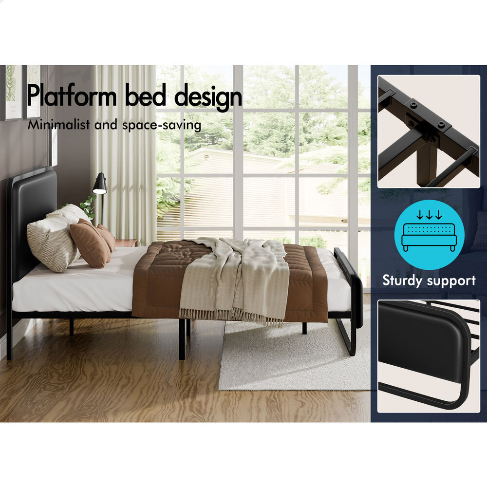 ALFORDSON Metal Bed Frame Queen Size Upholstered Headboard Black Leather MADGE