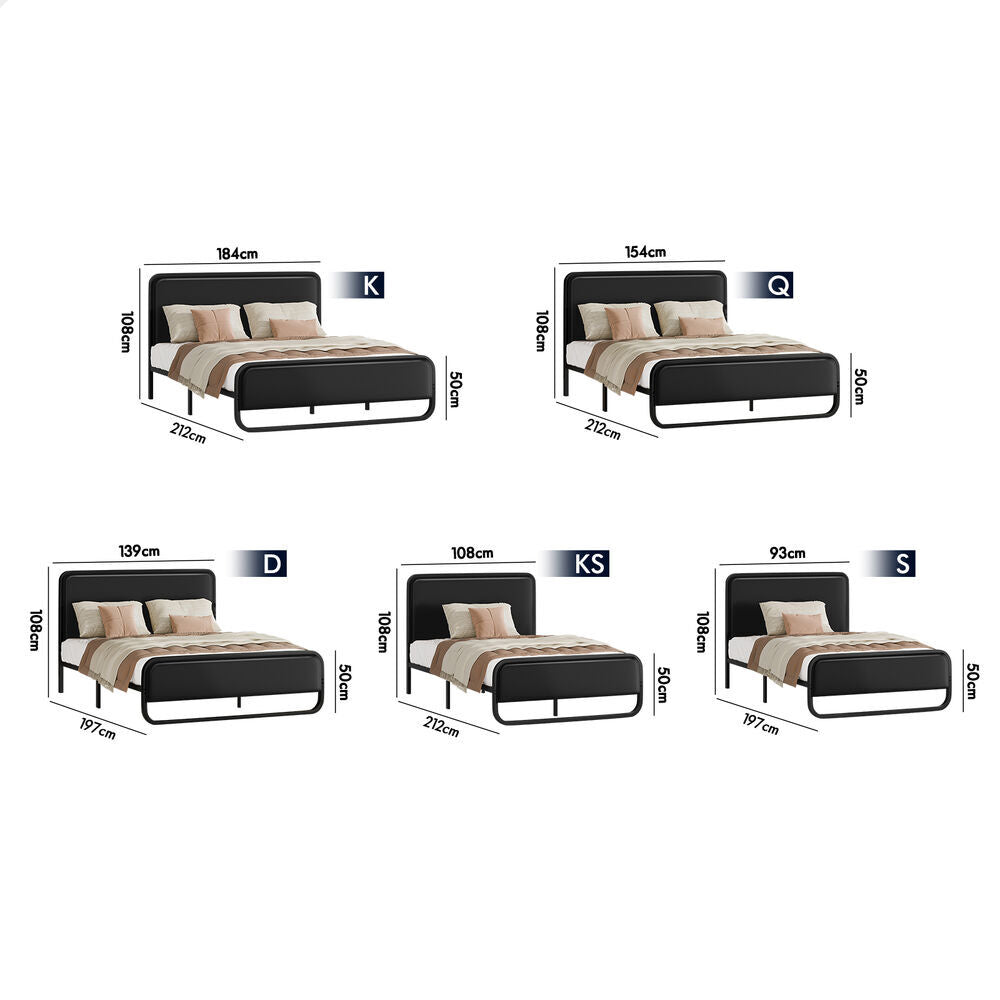 ALFORDSON Metal Bed Frame Single Size Upholstered Headboard Black Leather MADGE