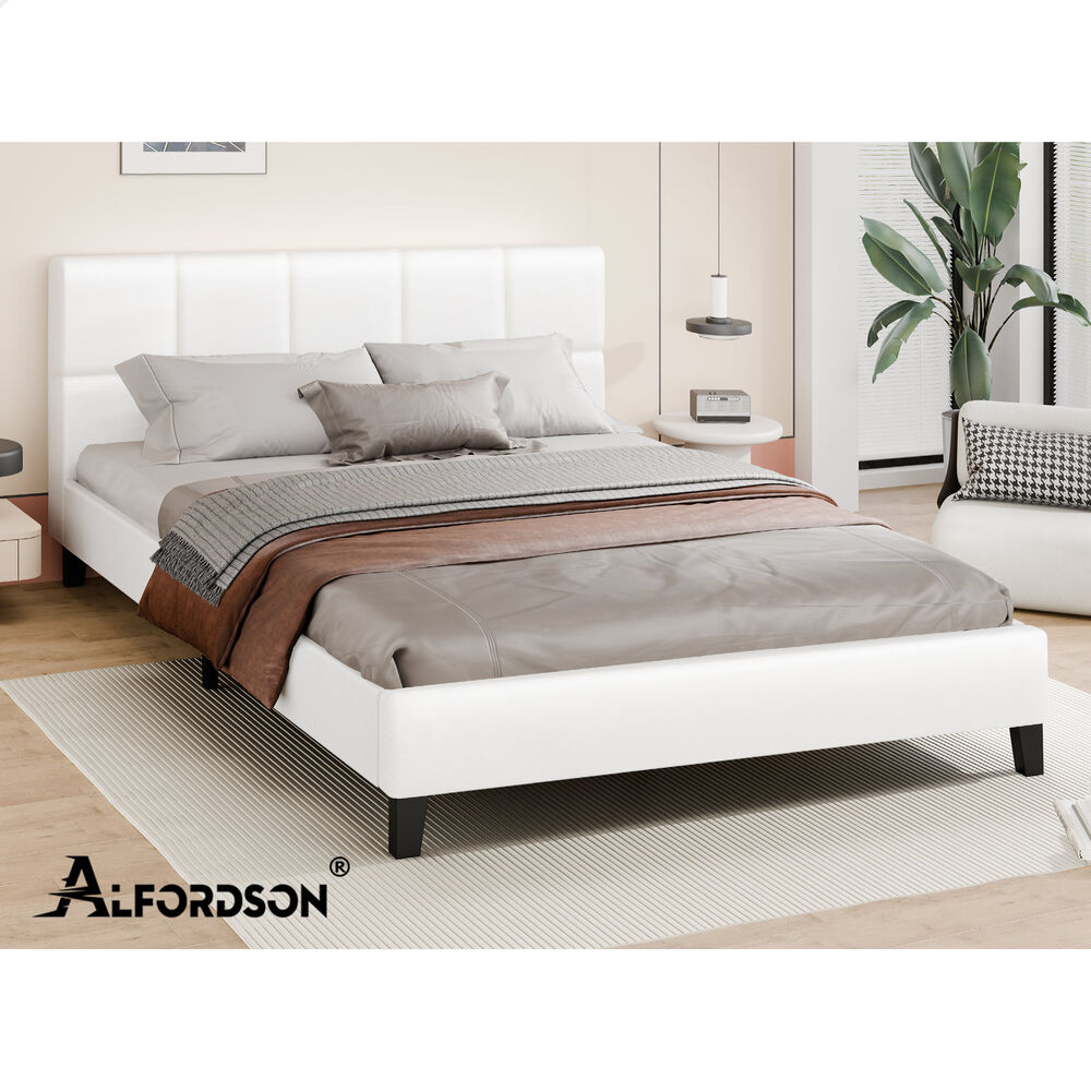 ALFORDSON Bed Frame Double Size Wooden Platform Mattress Base Leather White