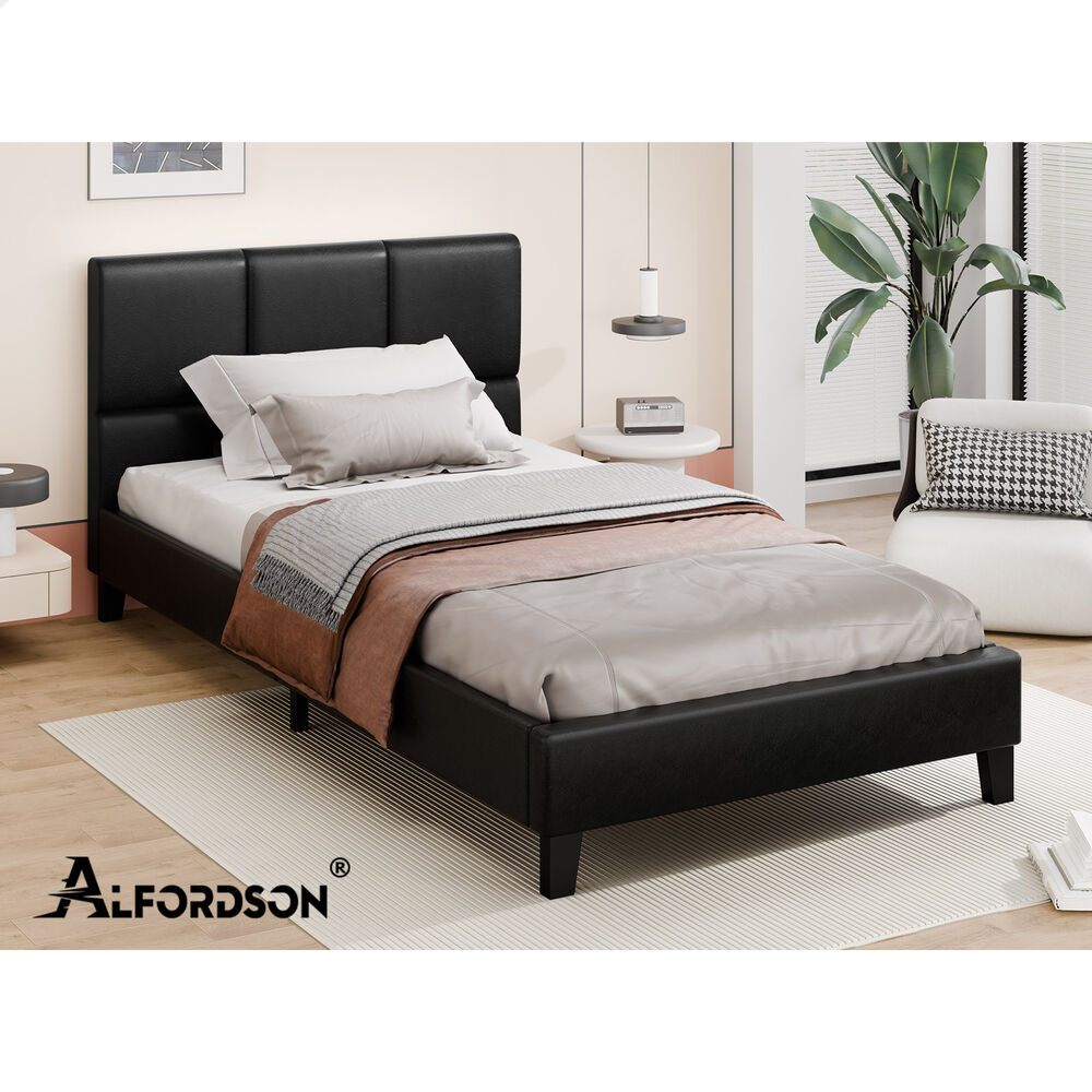 ALFORDSON Bed Frame King Single Wooden Platform Mattress Base Leather Black