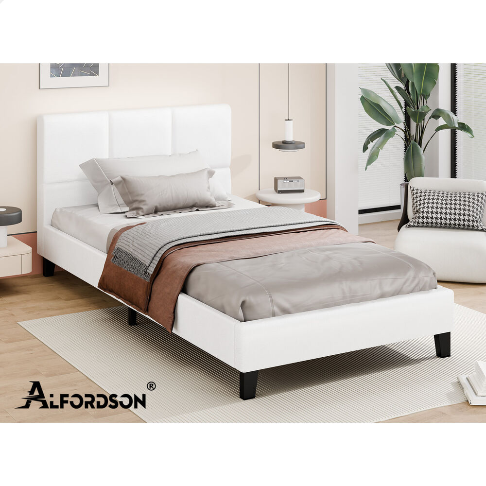 ALFORDSON Bed Frame Single Size Wooden Platform Mattress Base Leather White
