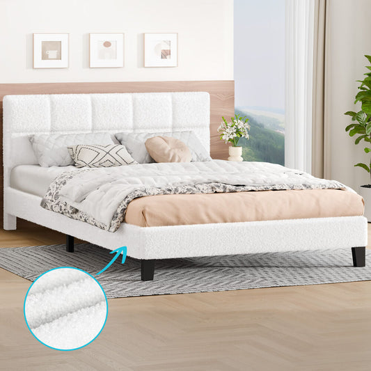 ALFORDSON Bed Frame Queen Size Wooden Slats Platform Boucle White Paula