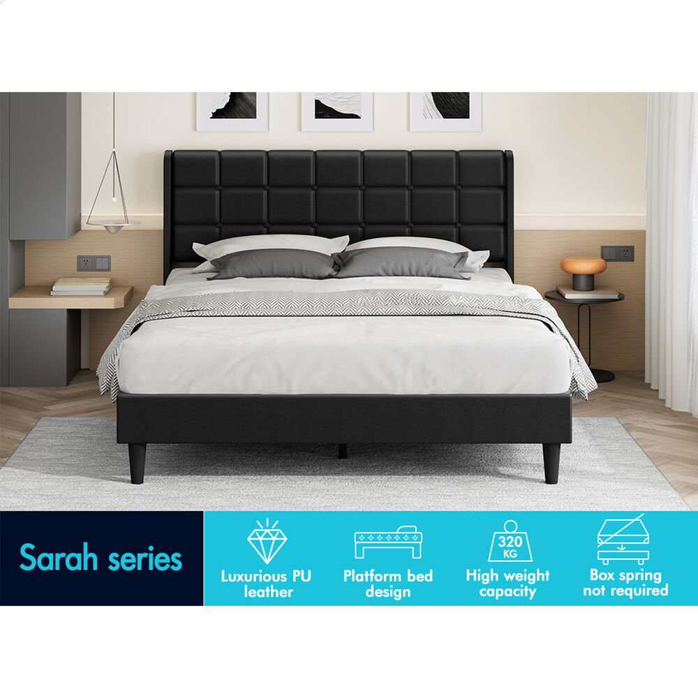 ALFORDSON Bed Frame Double Size Upholstered Wingback Base Black Leather SARAH