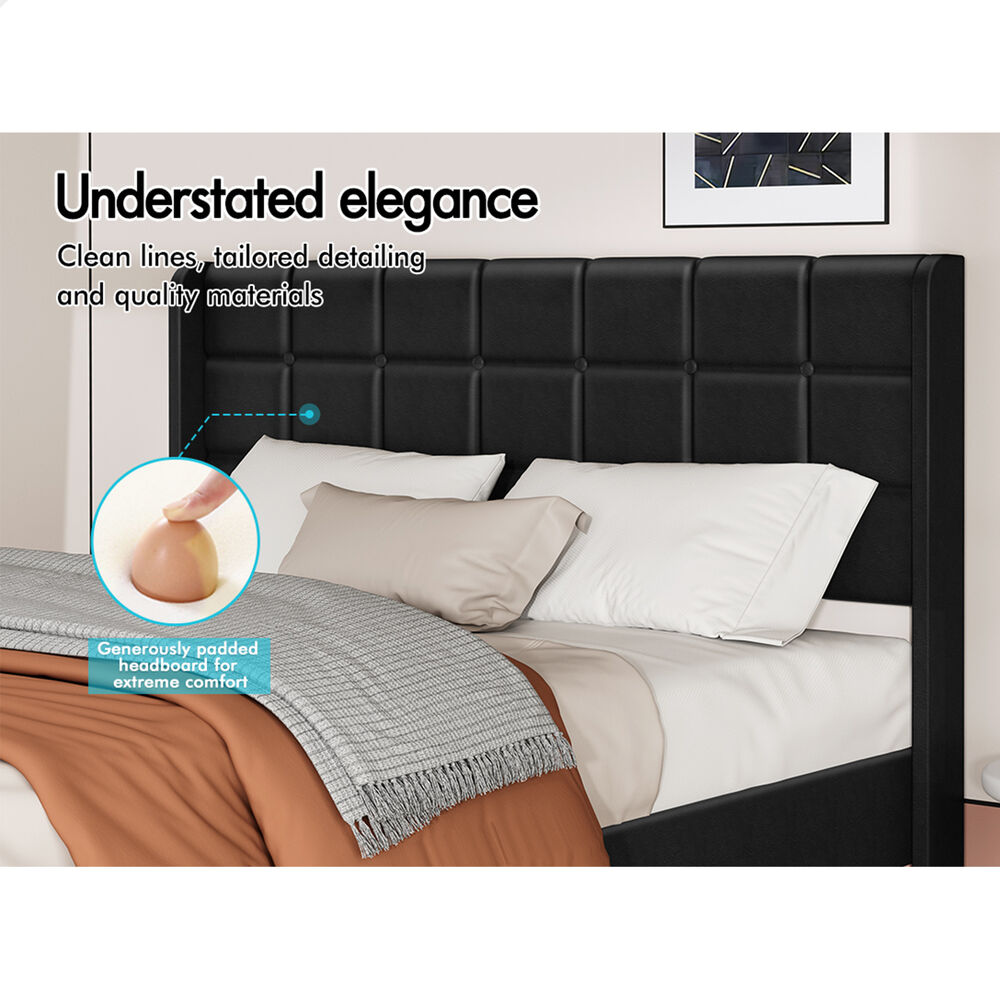 ALFORDSON Bed Frame Double Size Upholstered Wingback Base Black Leather SARAH