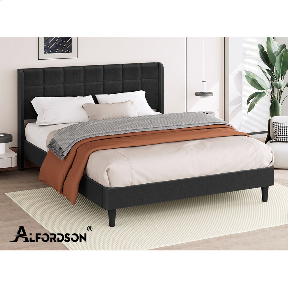 ALFORDSON Bed Frame Double Size Upholstered Wingback Base Charcoal Fabric SARAH