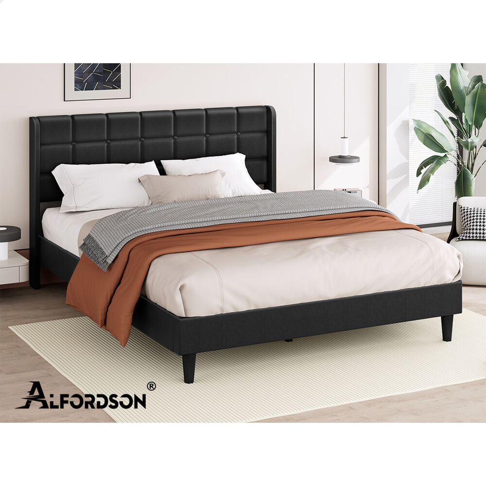 ALFORDSON Bed Frame King Size Upholstered Wingback Base Black Leather SARAH