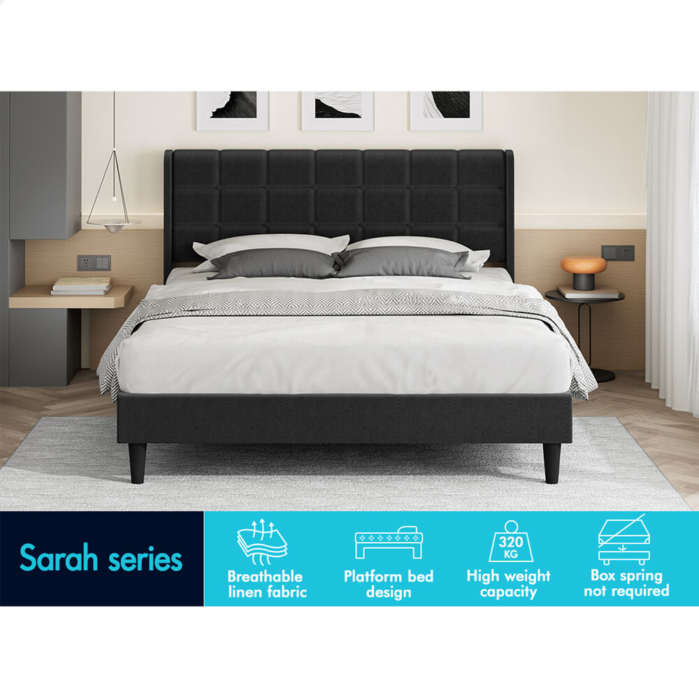 ALFORDSON Bed Frame King Size Upholstered Wingback Base Charcoal Fabric SARAH