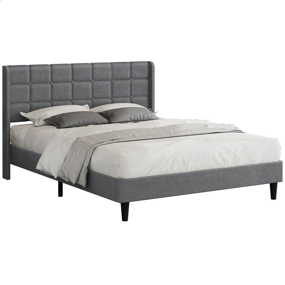 ALFORDSON Bed Frame King Size Upholstered Wingback Base Wood Fabric Grey SARAH