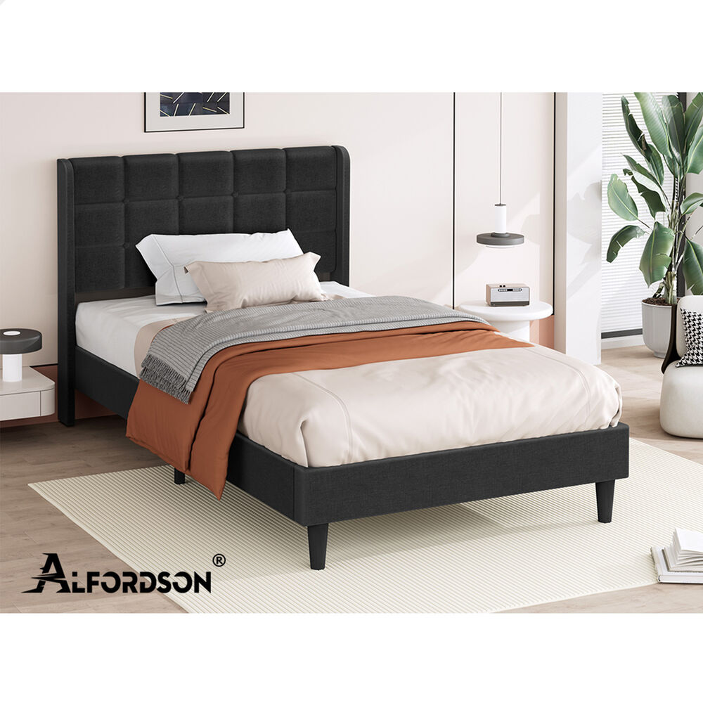 ALFORDSON Bed Frame King Single Upholstered Wingback Base Charcoal Fabric SARAH