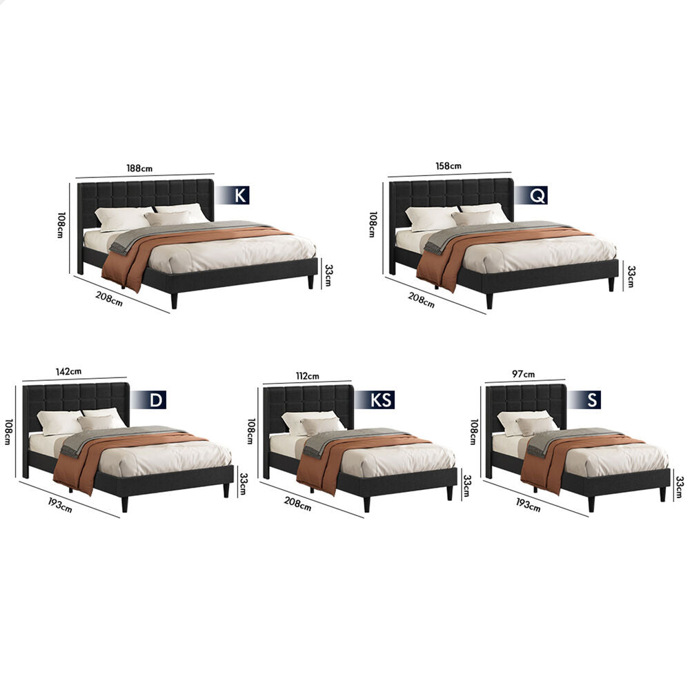 ALFORDSON Bed Frame King Single Upholstered Wingback Base Charcoal Fabric SARAH