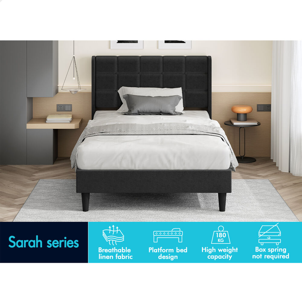 ALFORDSON Bed Frame King Single Upholstered Wingback Base Charcoal Fabric SARAH