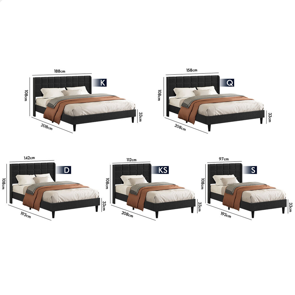 ALFORDSON Bed Frame Queen Size Upholstered Wingback Base Charcoal Fabric SARAH