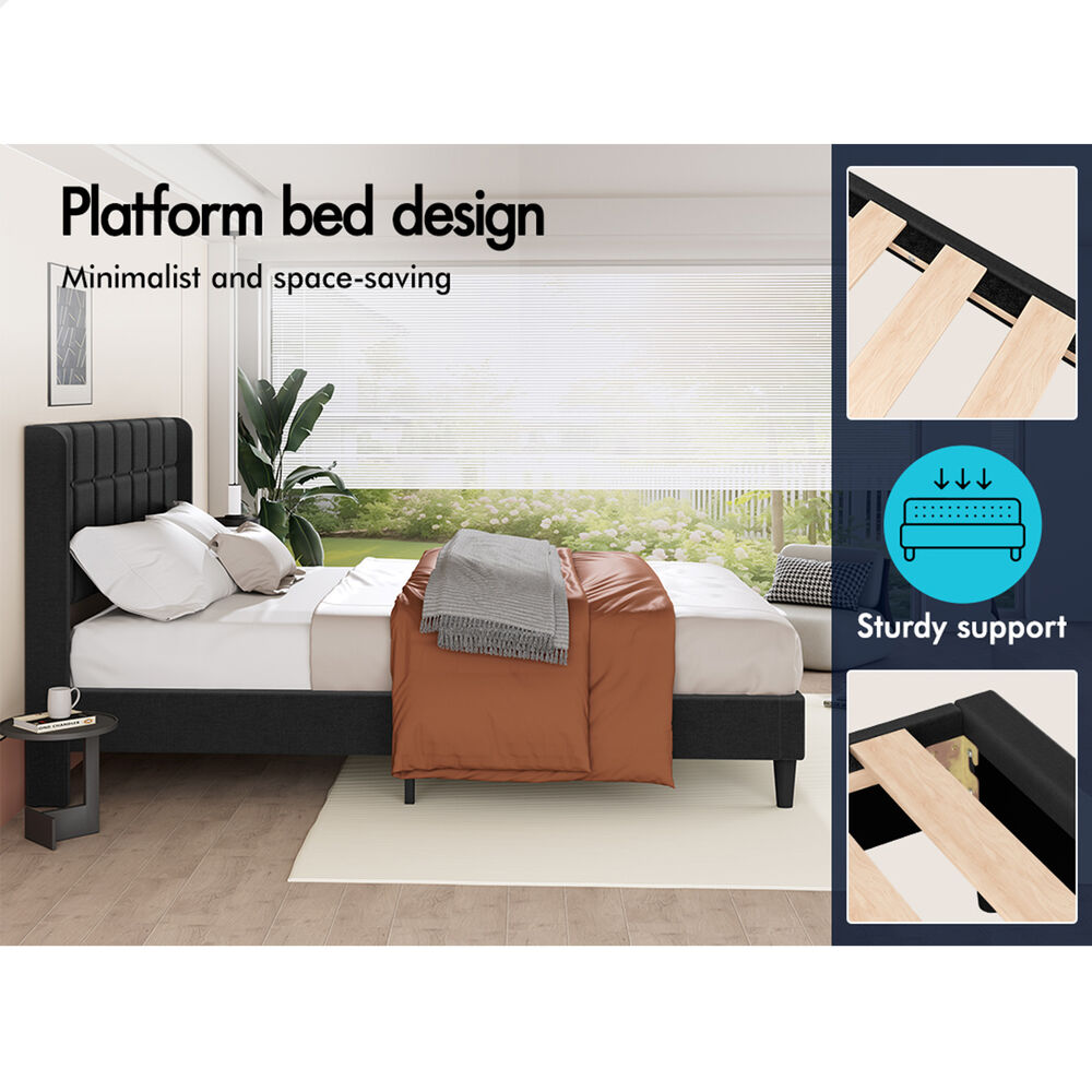 ALFORDSON Bed Frame Queen Size Upholstered Wingback Base Charcoal Fabric SARAH