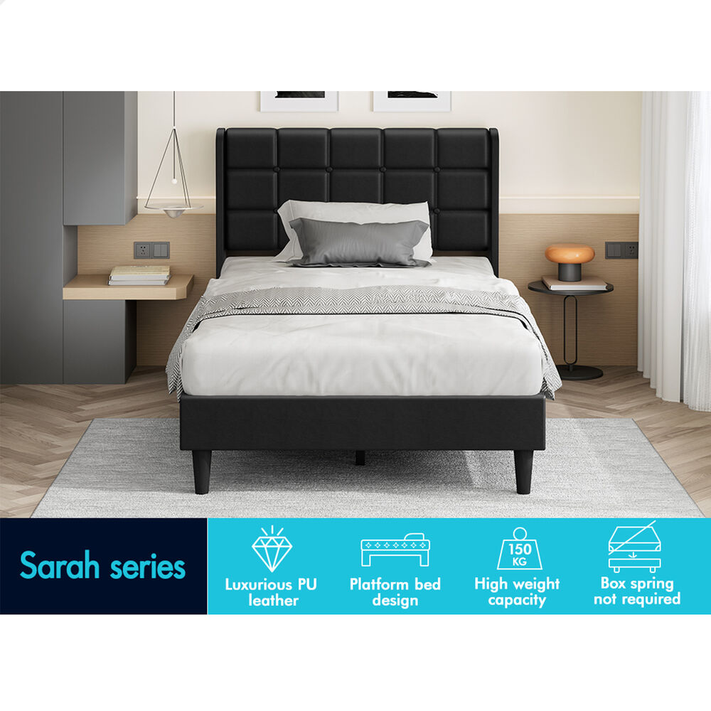 ALFORDSON Bed Frame Single Size Upholstered Wingback Base Black Leather SARAH